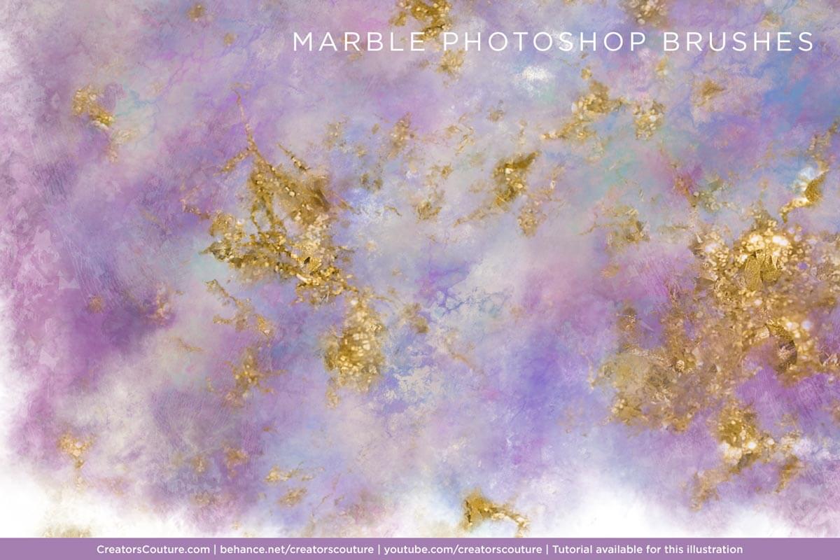 digital background illustrated with marble photoshop brushes in purple and blue colors accented with metallic gold