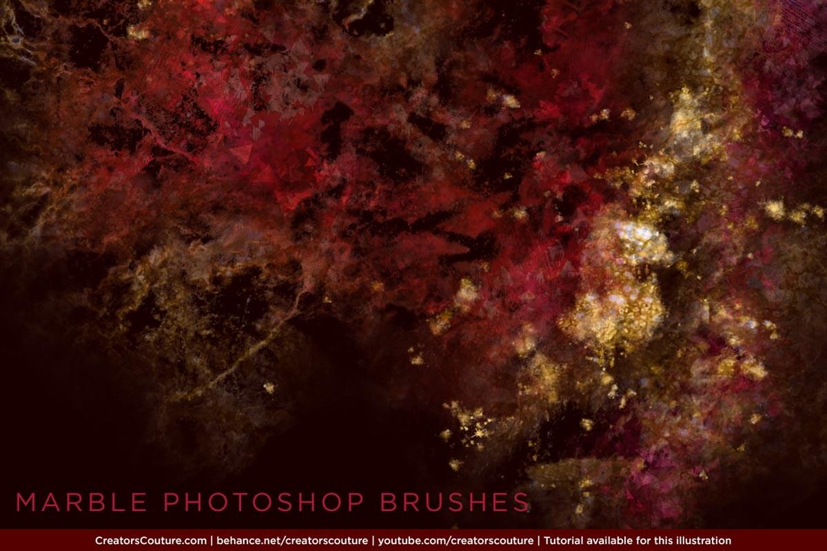sample digital background with ruby red marble effects created with marble photoshop brushes accented in raw gold 