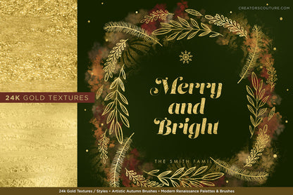 smooth metallic gold textures accenting a fall wreath illustration, close up of metallic gold foil textures