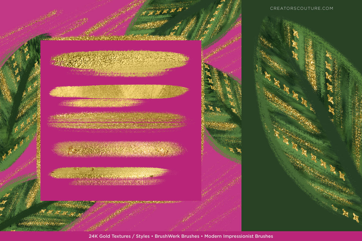 Smooth Gold Foil & Liquid Gold Textures for graphic design, digital art, & illustration,  modern leaf illustration with gold textures applied, textures swatches on pink background
