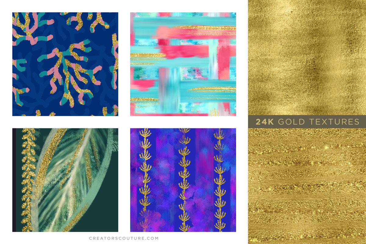Smooth Gold Foil & Liquid Gold Textures for graphic design, digital art, & illustration, various applications on pattern designs and illustrations, close up of painted gold textures