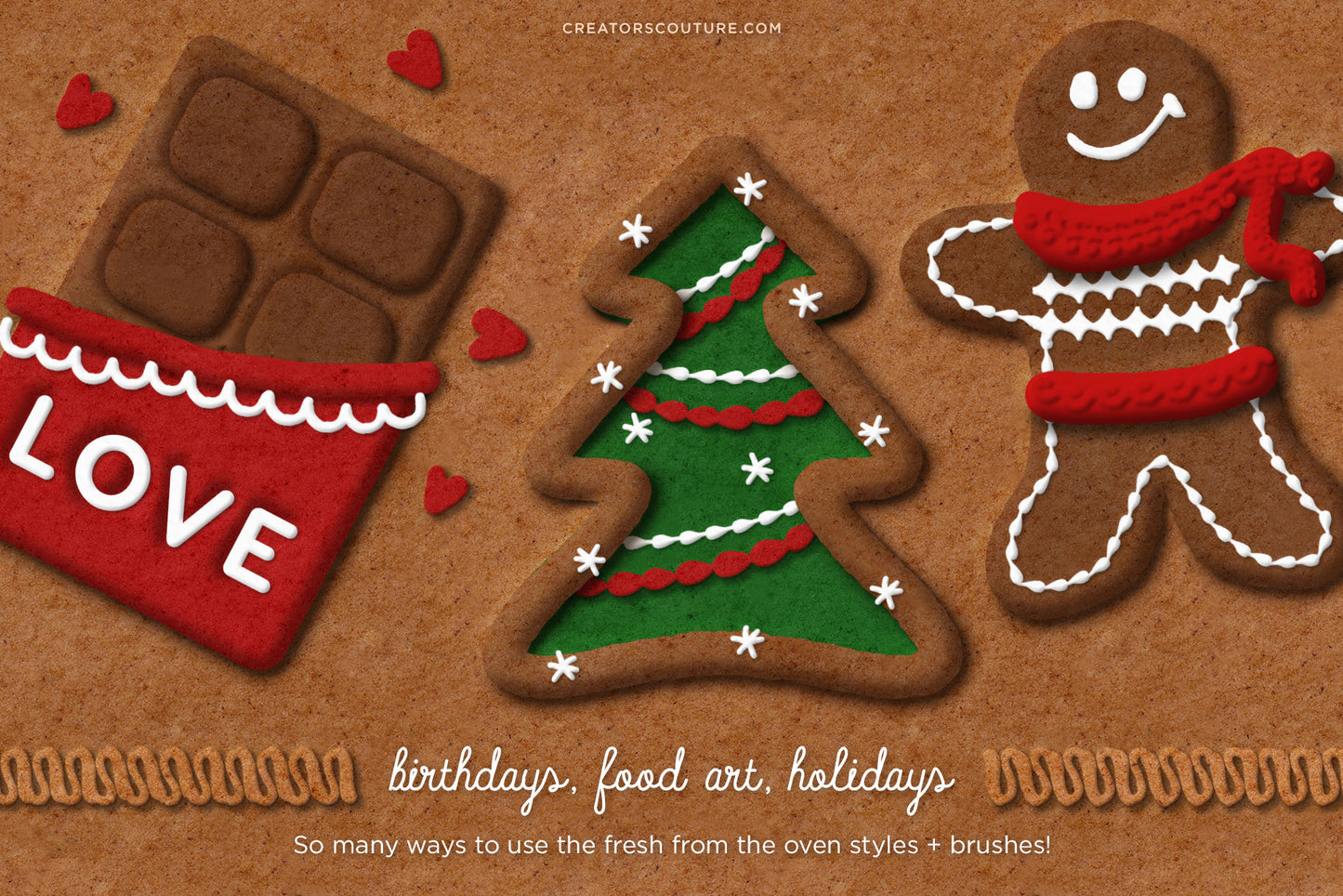 Gingerbread, Cookie, & Cake Graphic & Lettering Effects for Photoshop, birthday and holiday designs, chocolate, christmas tree and gingerbread man