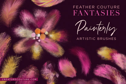 cover image for painterly and artistic multicolor Photoshop brushes with feather texture and inspiration