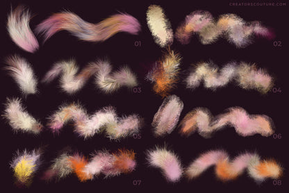 painterly and artistic multicolor photoshop brushes inspired by feather textures, brush chart 1