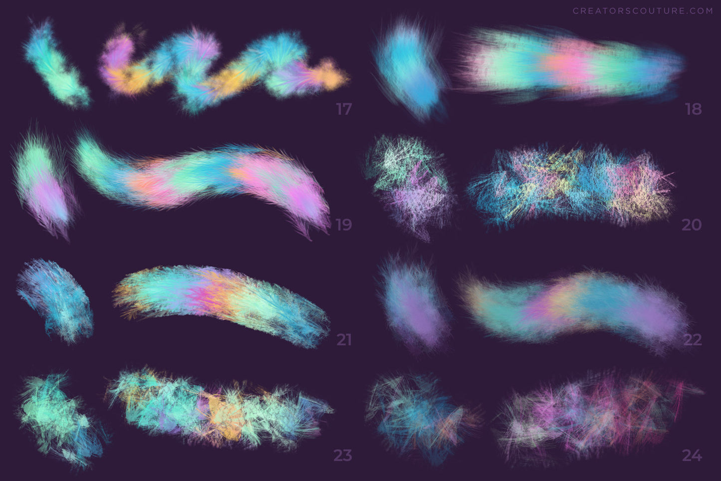painterly and artistic multicolor photoshop brushes inspired by feather textures, brush chart 3