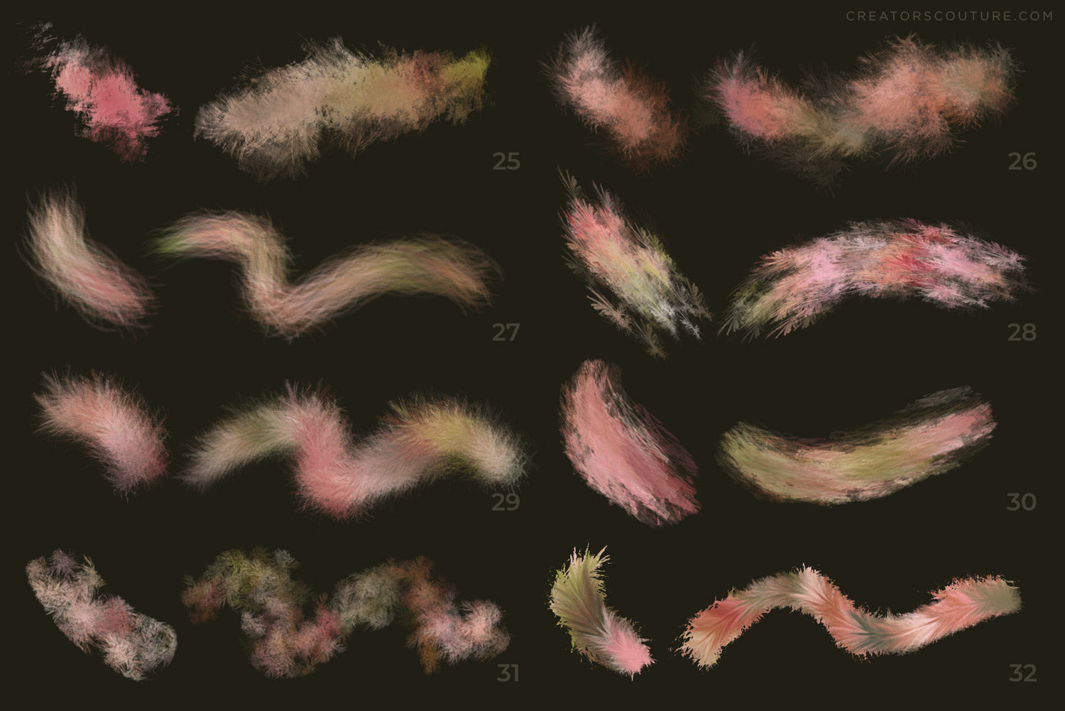 painterly and artistic multicolor photoshop brushes inspired by feather textures, brush chart 4