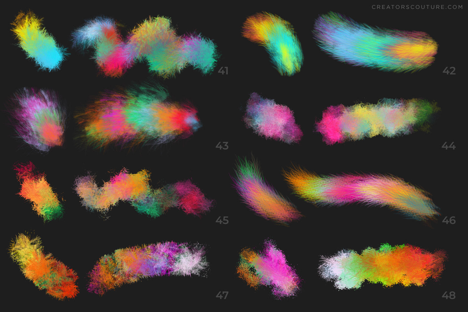 painterly and artistic multicolor photoshop brushes inspired by feather textures, brush chart 7