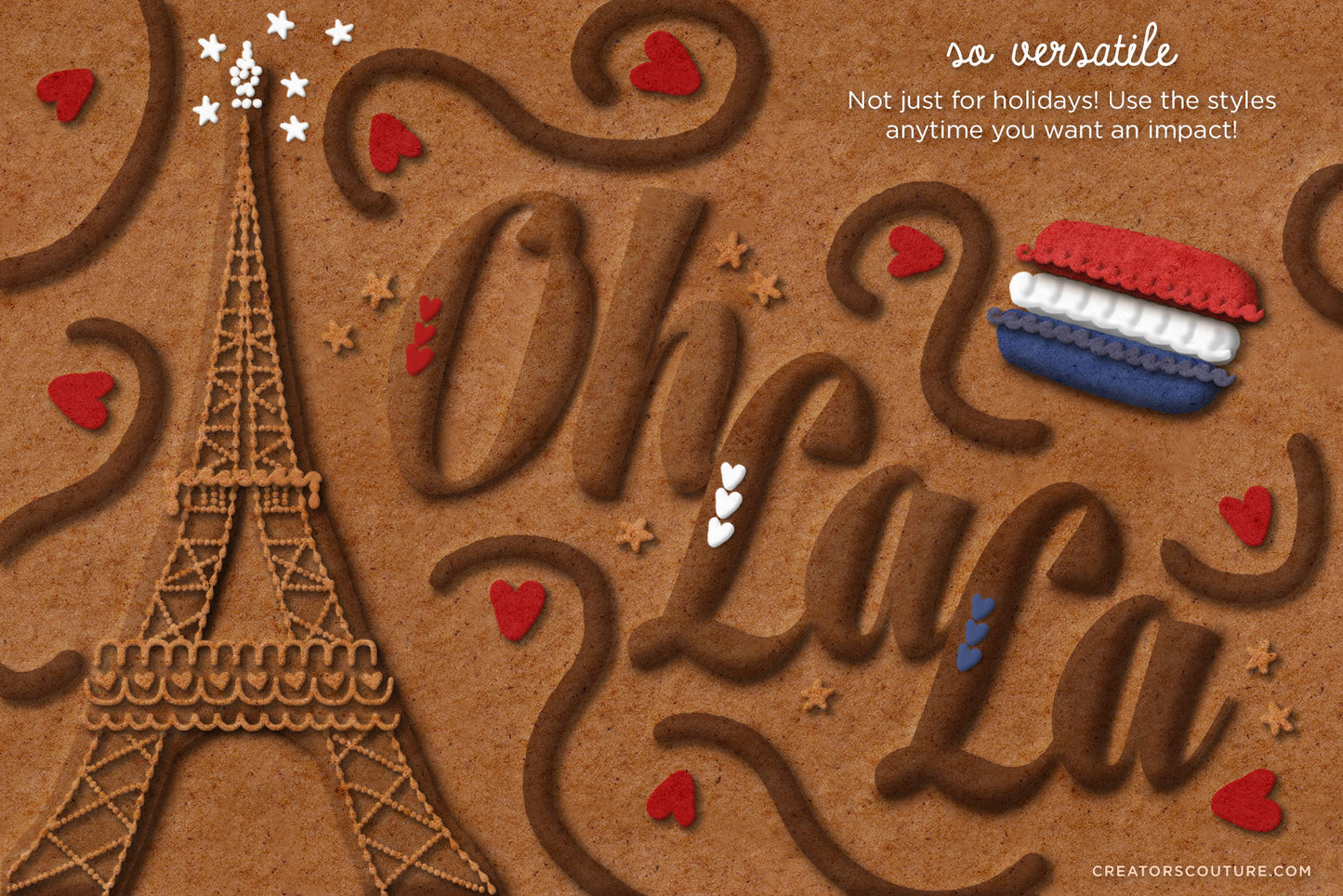 Gingerbread, Cookie, & Cake Graphic & Lettering Effects for Photoshop, cake eiffel tower and macaron ooh la la