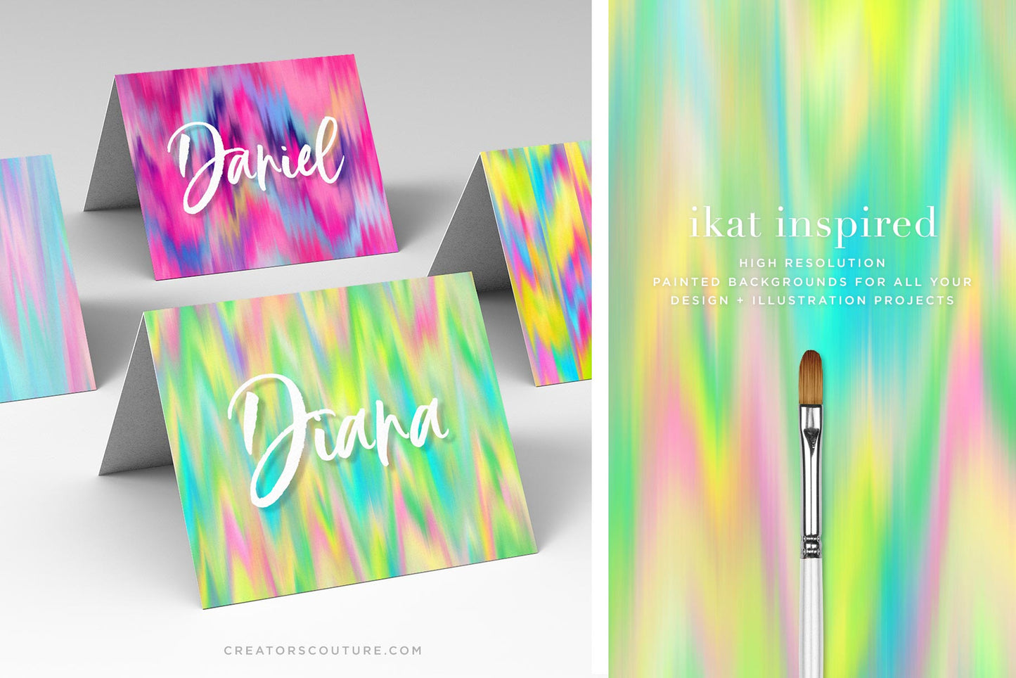 Ikat Inspired 'Palm Beach' Wet Paint Digital Backgrounds, sample of card design and close up of graphic texture