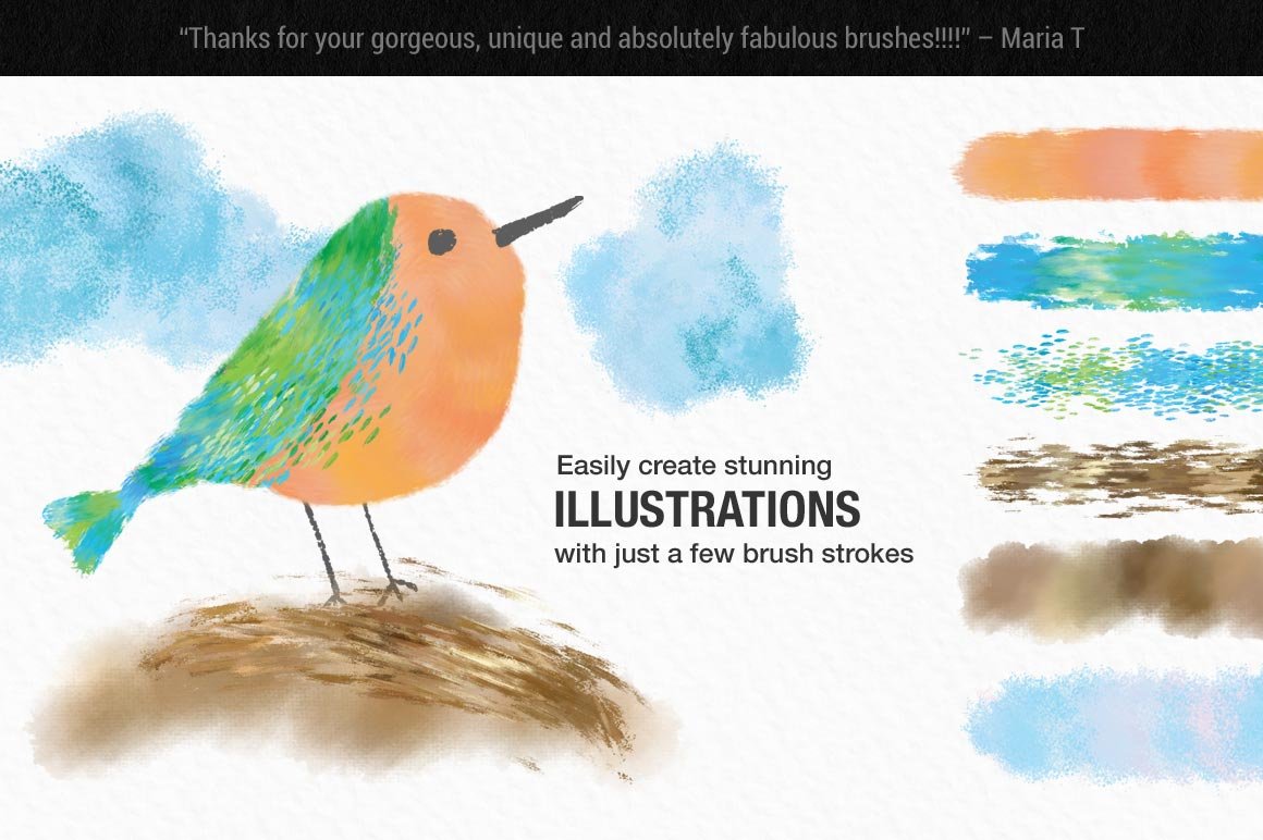 Impressionist Color Blending Photoshop Brushes, illustrated bird demo