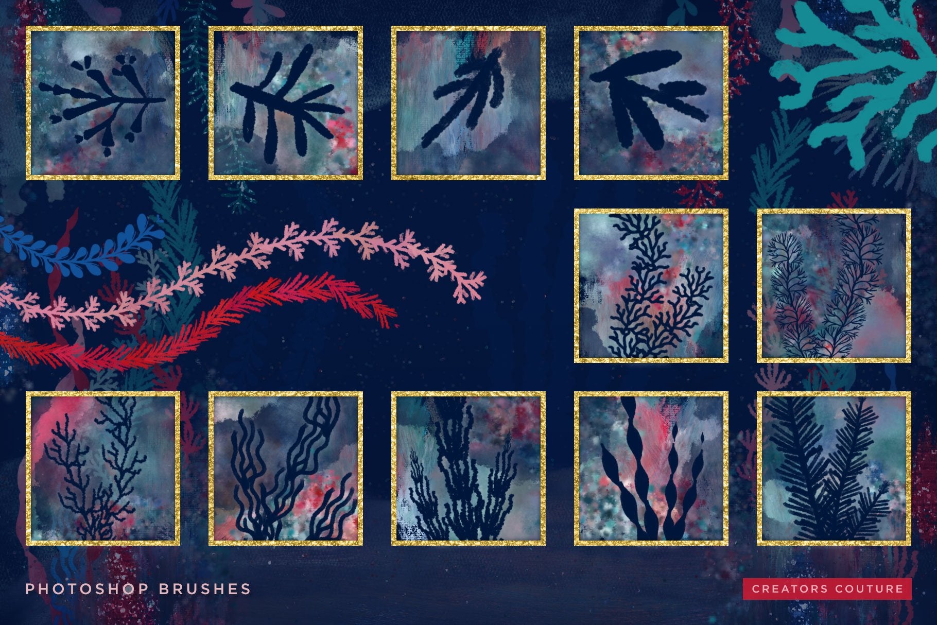 Seaweed & Coral Dreamy Hand Illustrated brushes for Photoshop, brush preview sheet 2