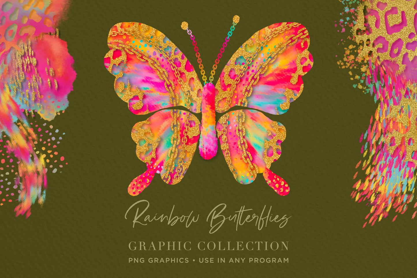 Rainbow & Gold Watercolor Butterfly Artwork Illustration Collection, large rainbow butterfly center, surrounded by rainbow watercolor