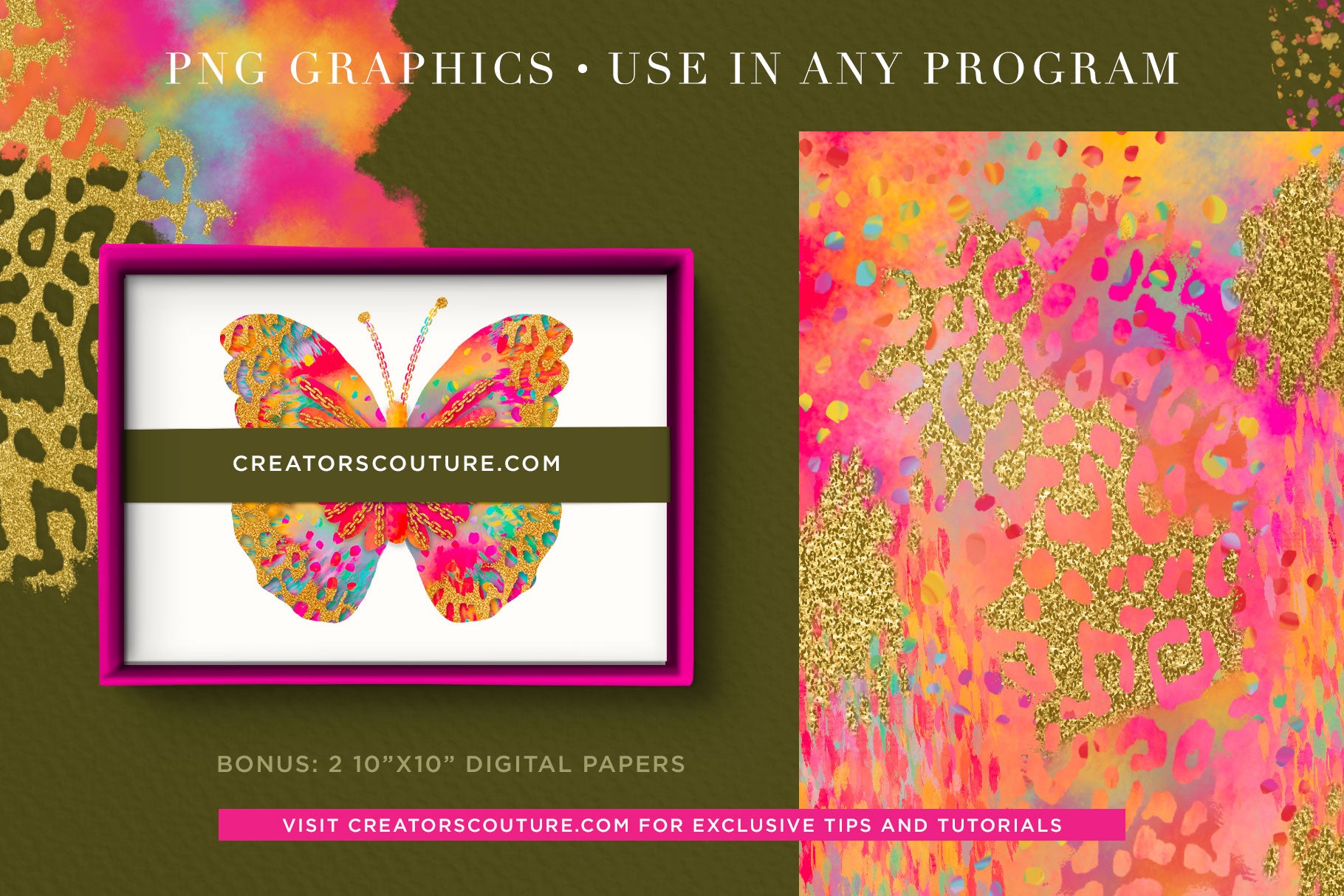 Rainbow & Gold Watercolor Butterfly Artwork Illustration Collection, bonus digital papers