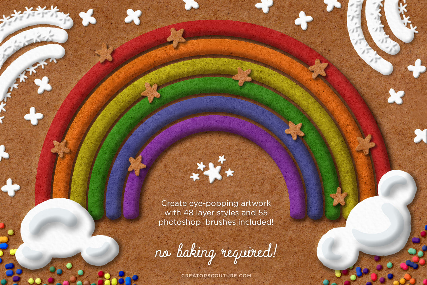 Gingerbread, Cookie, & Cake Graphic & Lettering Effects for Photoshop, cookie rainbow with icing and sprinkles