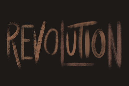 natural media photoshop brushes, realistic texture, pencils, pastels, charcoal, inks, gouache & watercolor, 'revolution' textured brush lettering on a dark background to show the texture in the brush strokes