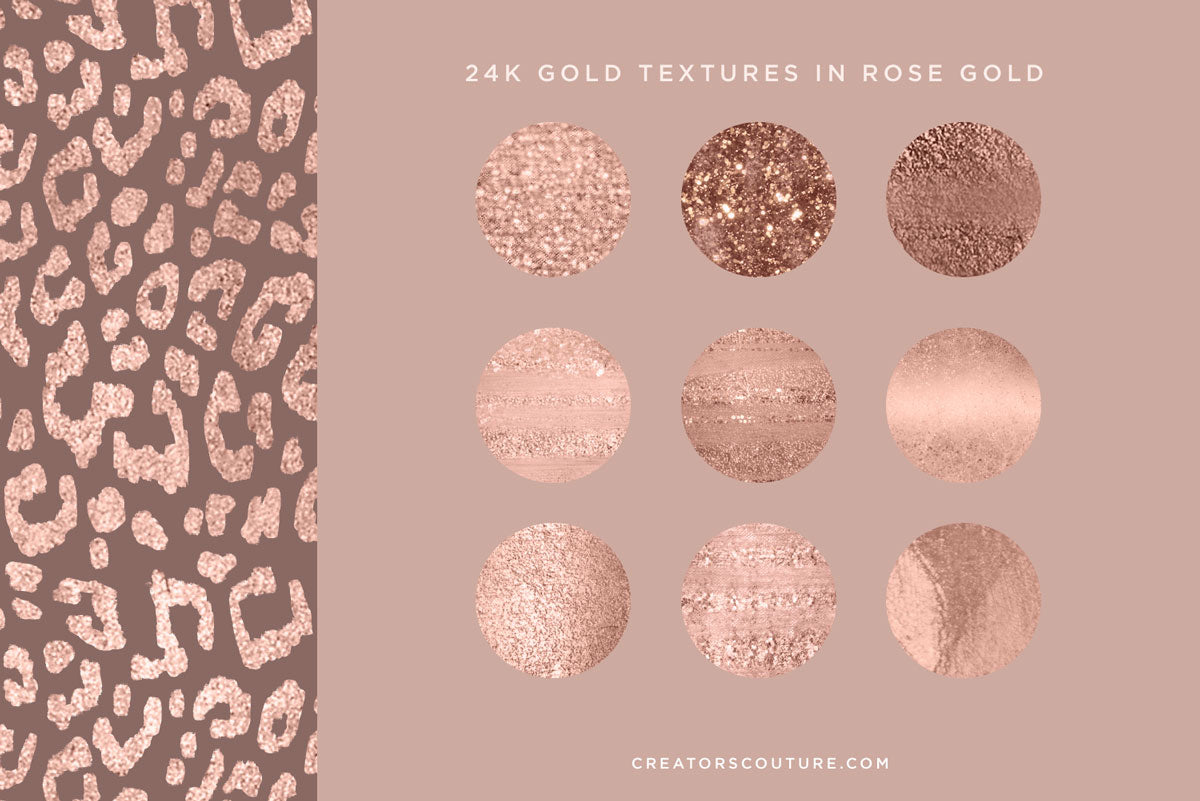 Smooth Gold Foil & Liquid Gold Textures for graphic design, digital art, & illustration, applied in rose gold, circle swatches on a pink background, rose gold painted styles applied to leopard print