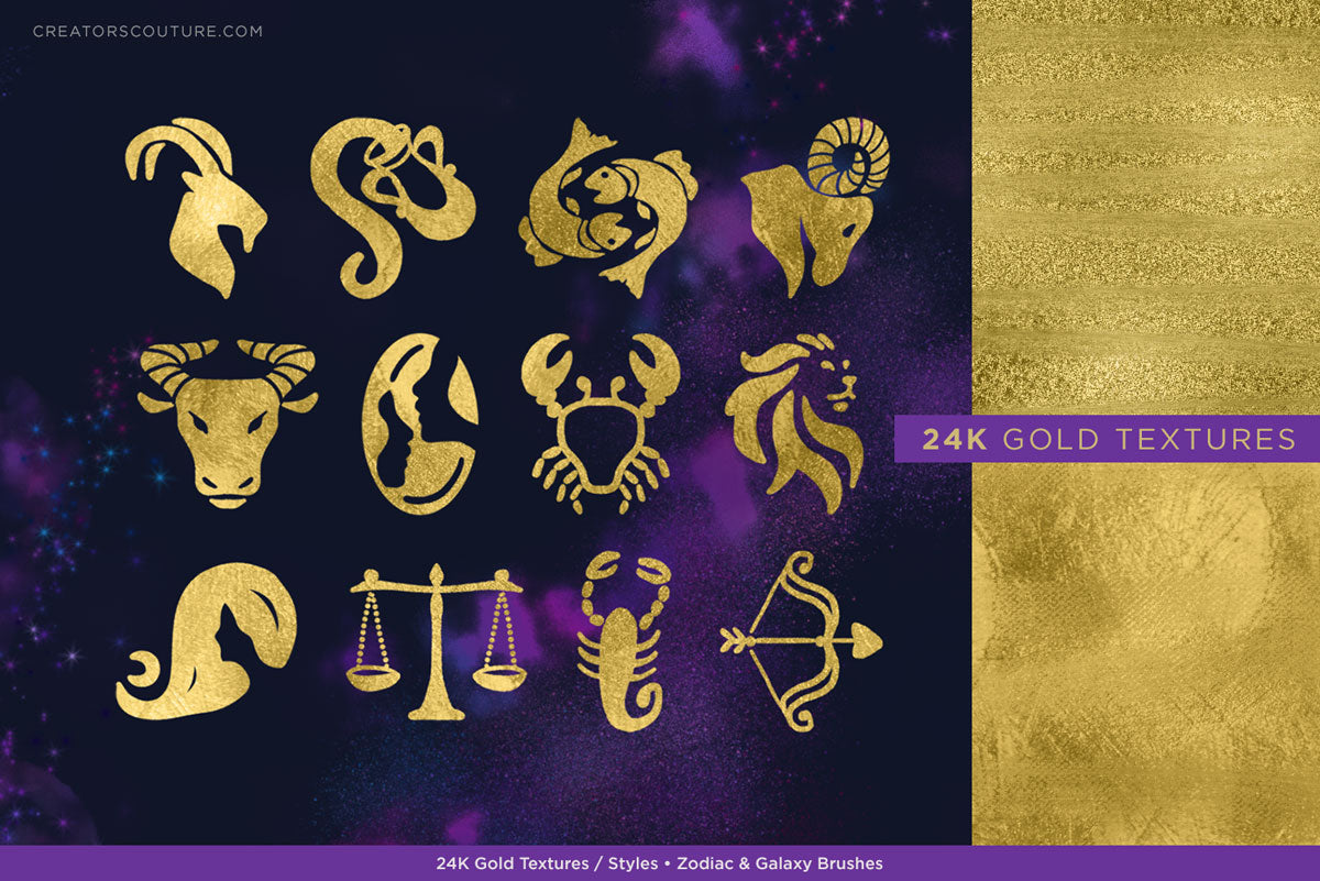 smooth gold foil textures applied to zodiac icons, close up of gold paint foil textures