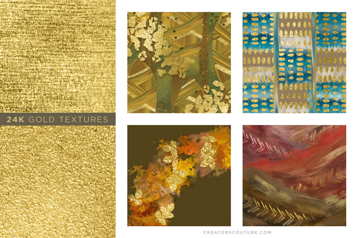 Smooth Gold Foil & Liquid Gold Textures for graphic design, digital art, & illustration, various applications and illustration samples, close up of painted metallic gold textures
