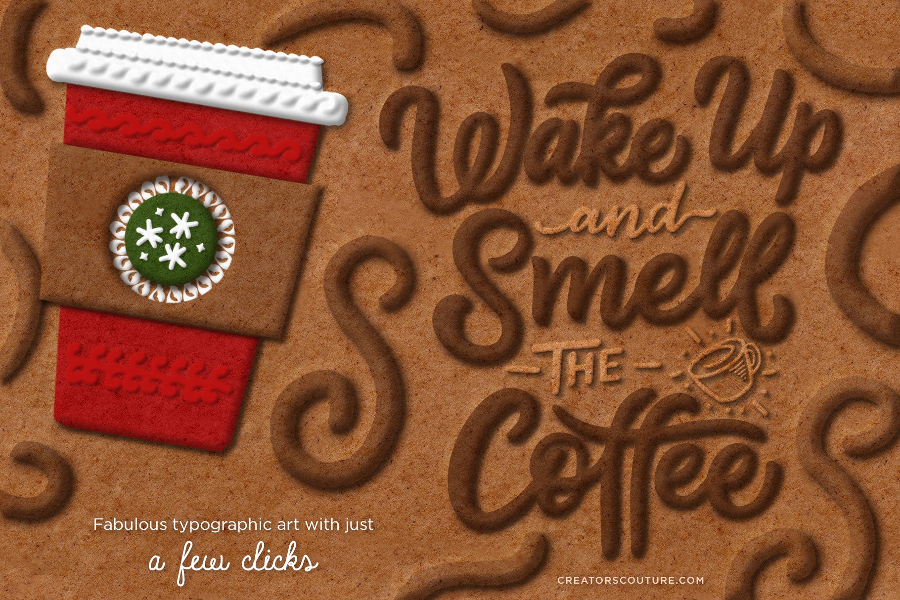 Gingerbread, Cookie, & Cake Graphic & Lettering Effects for Photoshop, starbucks mug and cookie lettering