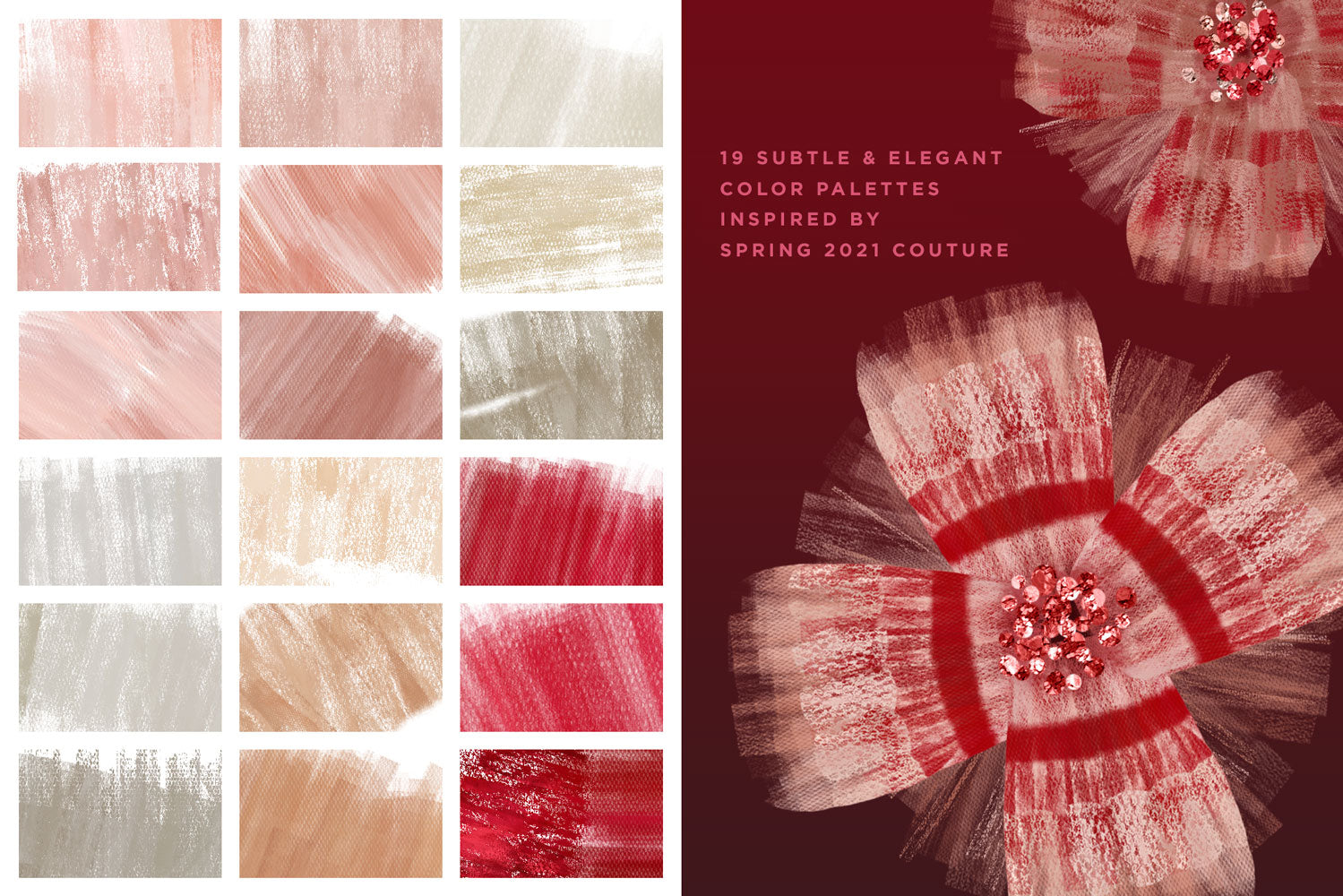 Tulle and organza couture multi-color Photoshop brushes, runway inspired color palettes