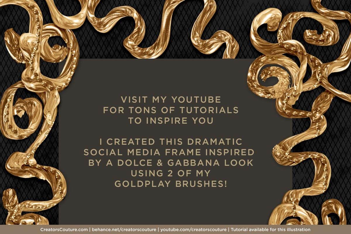 twisted 3d gold effects inspired by dolce and gabbana runway look, created in Photoshop with special realistic metallic gold Photoshop brushes